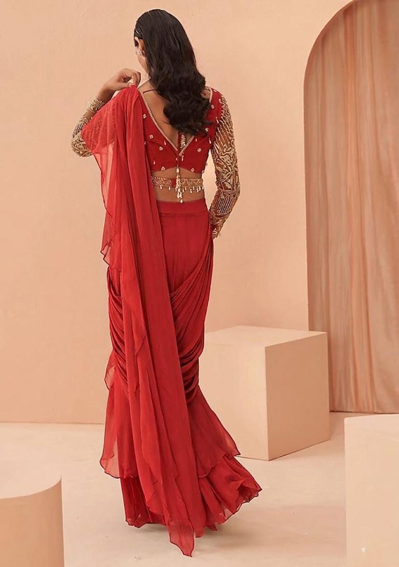 Red Embroidered Handwork Pre Draped Saree Set - Indya