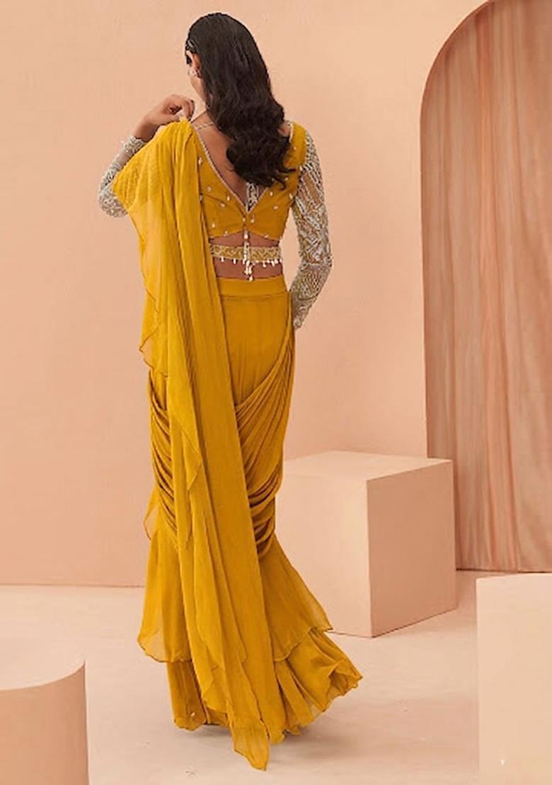 Yellow Embroidered Handwork Pre Draped Saree Set - Indya