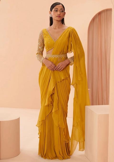 Yellow Embroidered Handwork Pre Draped Saree Set
