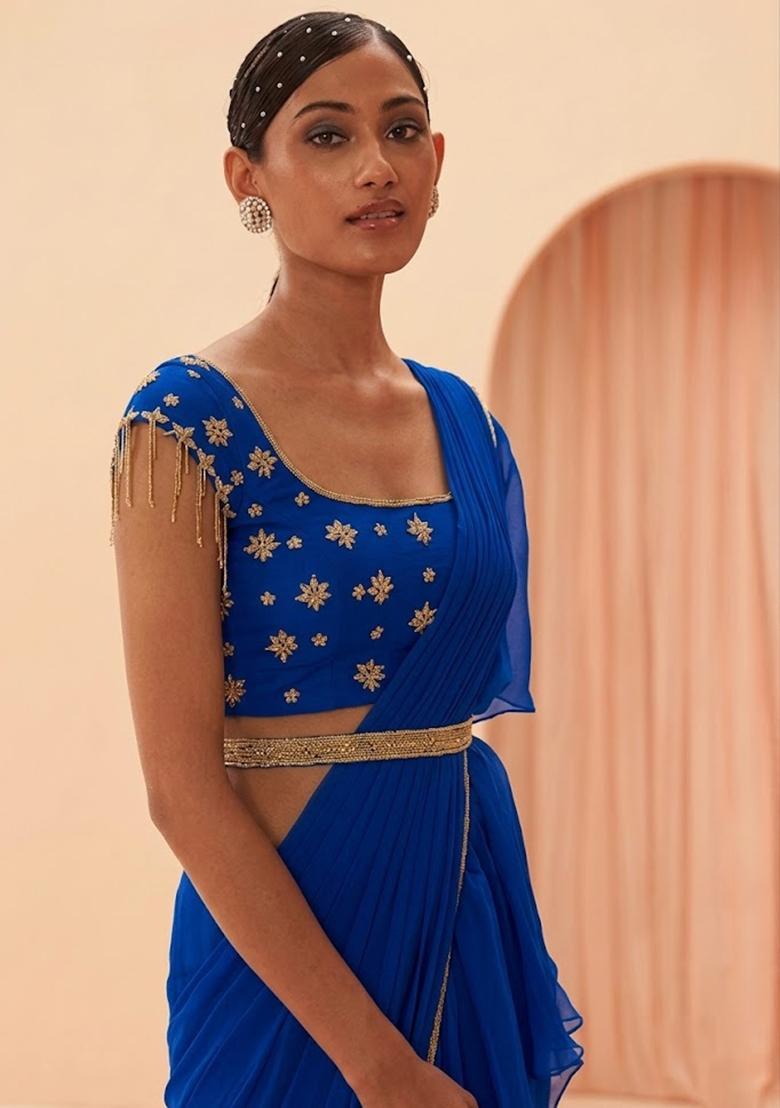 Blue Embroidered Handwork Pre Draped Saree Set - Indya