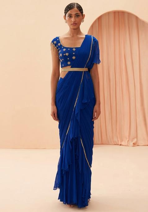 Blue Embroidered Handwork Pre Draped Saree Set