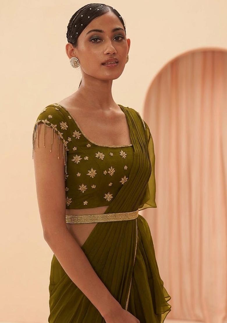 Green Embroidered Handwork Pre Draped Saree Set - Indya
