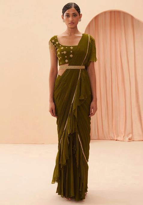 Green Embroidered Handwork Pre Draped Saree Set