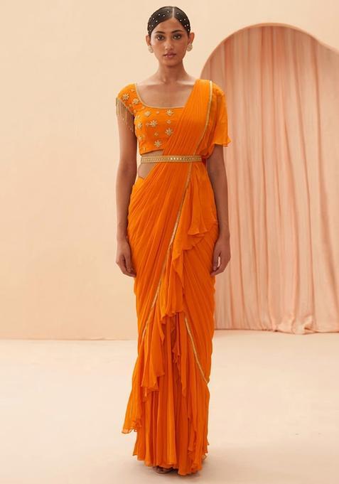 Orange Embroidered Handwork Pre Draped Saree Set