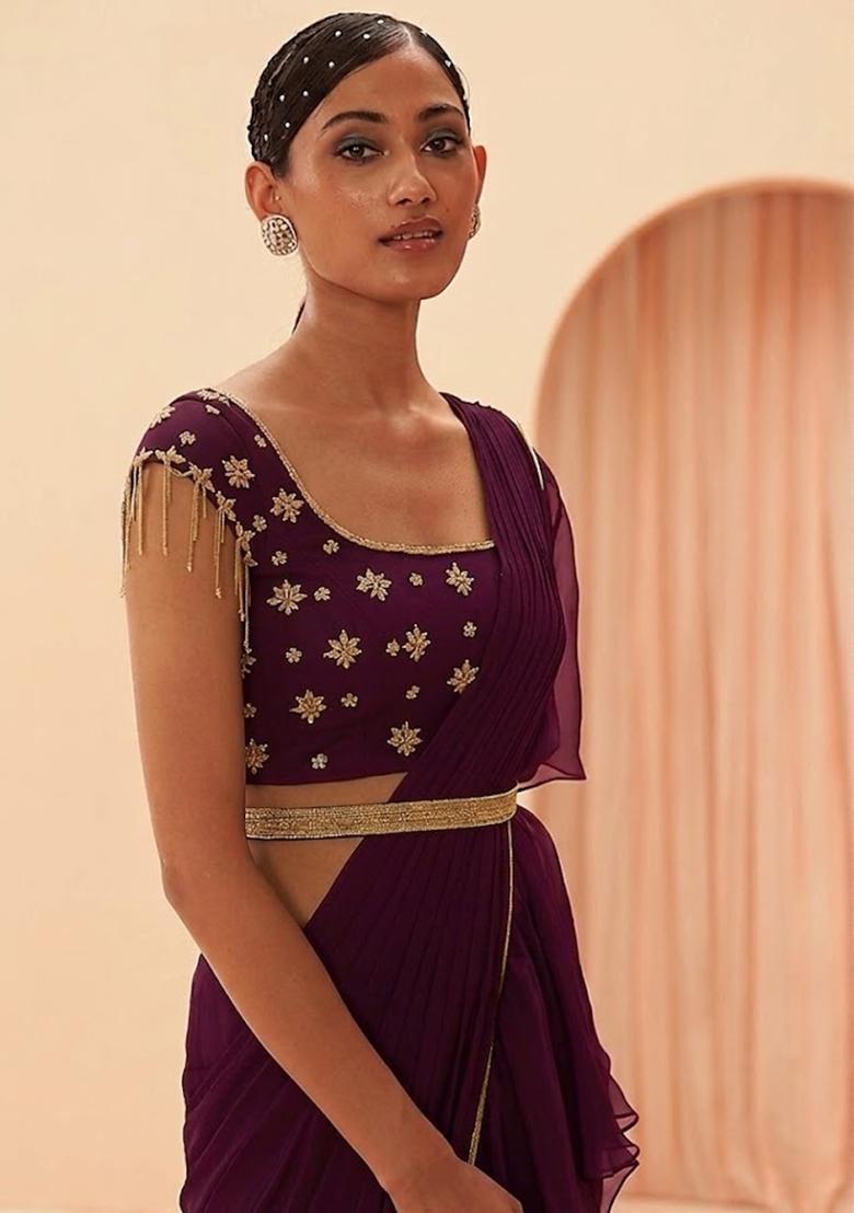 Purple Embroidered Handwork Pre Draped Saree Set - Indya