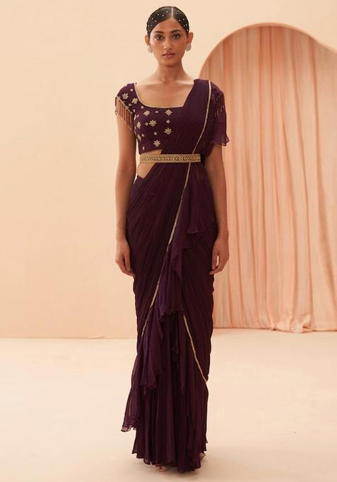Purple Embroidered Handwork Pre Draped Saree Set