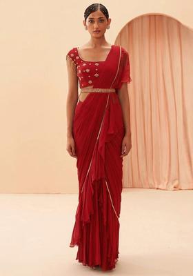 Red Embroidered Handwork Pre Draped Saree Set