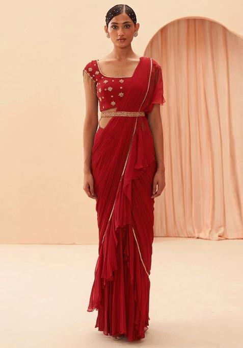 Red Embroidered Handwork Pre Draped Saree Set
