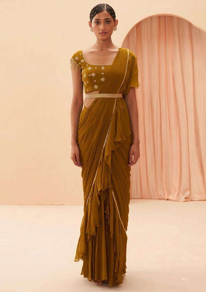 Yellow Embroidered Handwork Pre Draped Saree Set - Indya