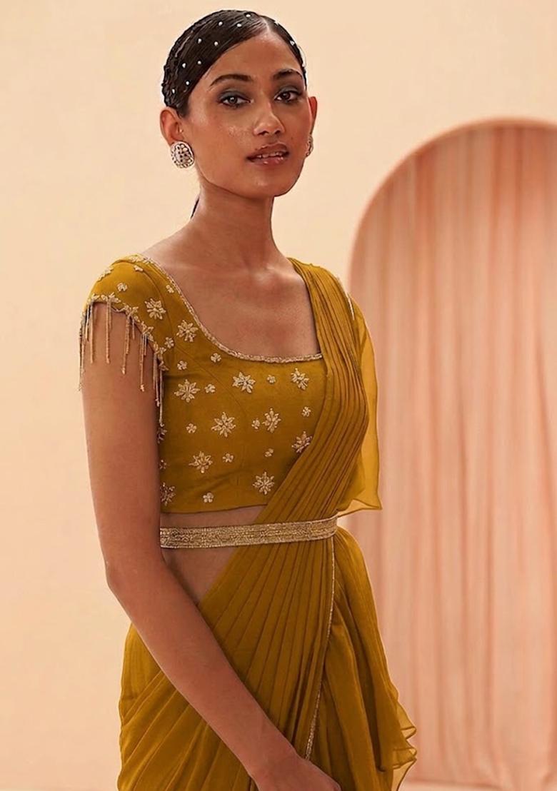 Yellow Embroidered Handwork Pre Draped Saree Set - Indya