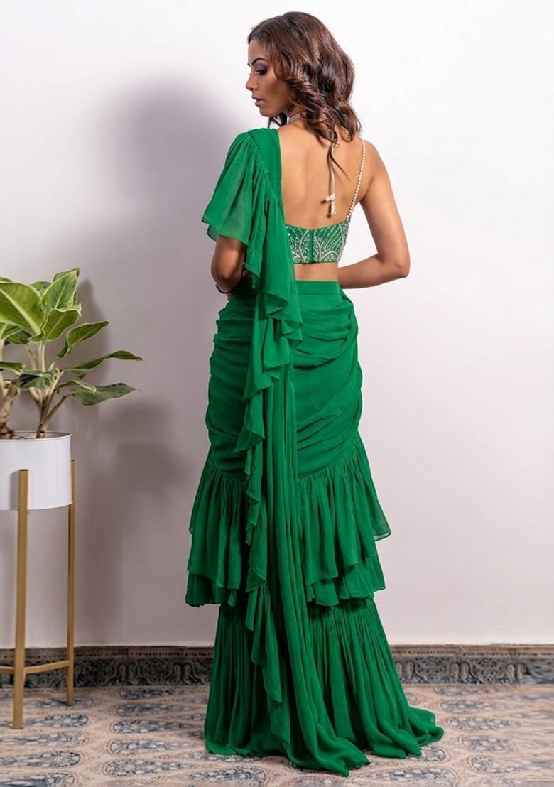 Green Embroidered Handwork Pre Draped Saree Set - Indya