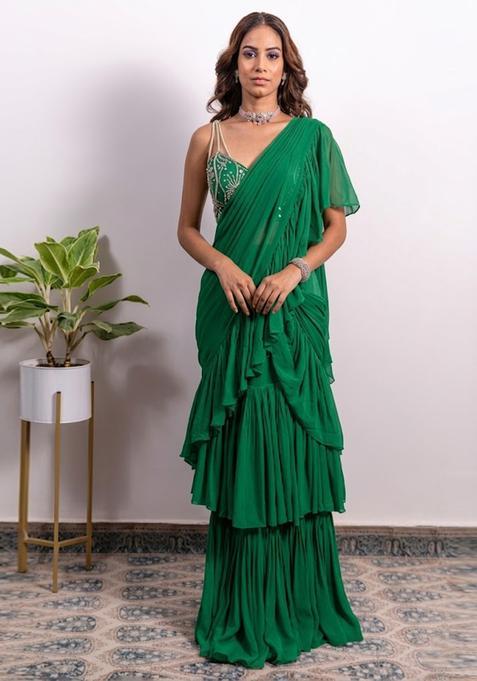 Green Embroidered Handwork Pre Draped Saree Set