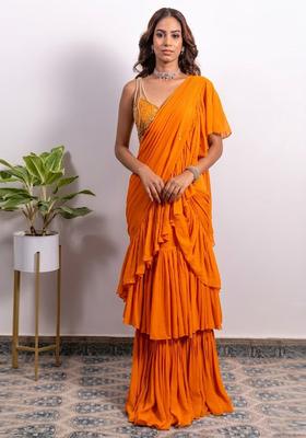 Orange Embroidered Handwork Pre Draped Saree Set