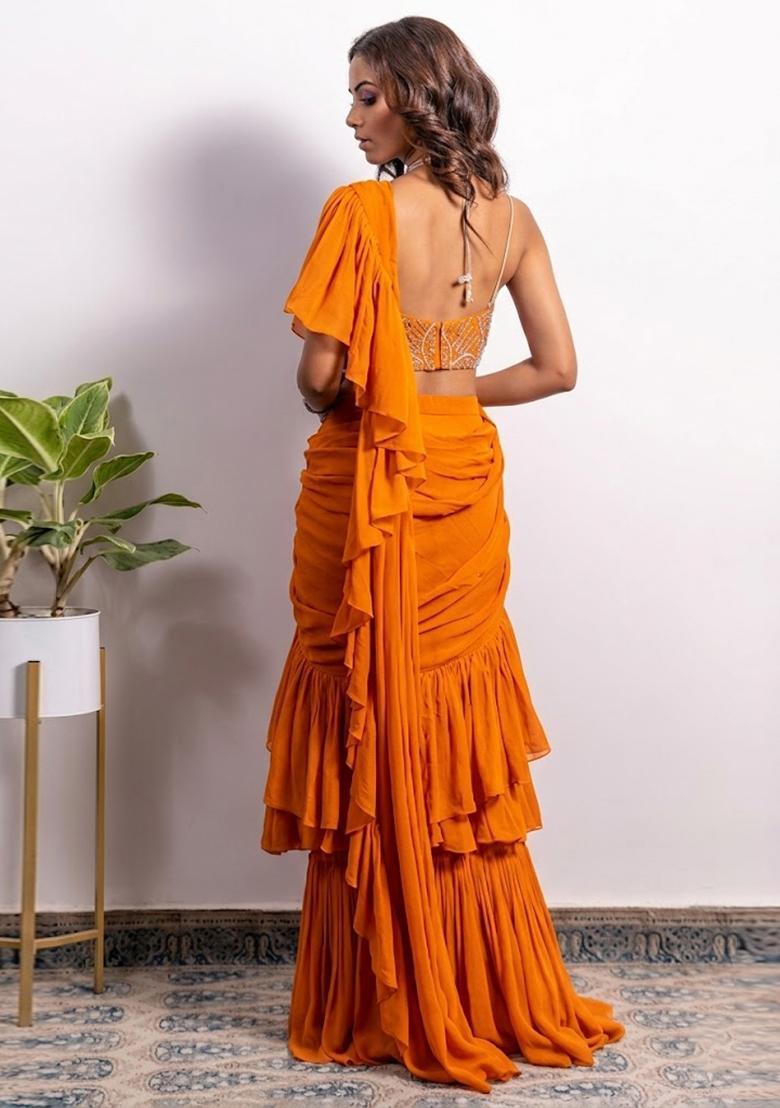 Orange Embroidered Handwork Pre Draped Saree Set - Indya