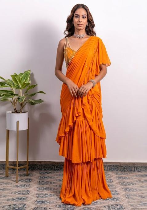 Orange Embroidered Handwork Pre Draped Saree Set