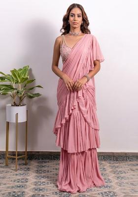Pink Embroidered Handwork Pre Draped Saree Set