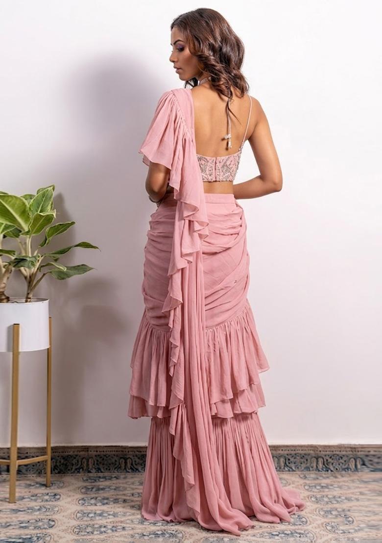 Pink Embroidered Handwork Pre Draped Saree Set - Indya