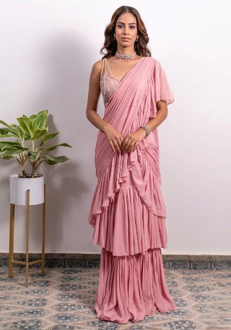 Pink Embroidered Handwork Pre Draped Saree Set