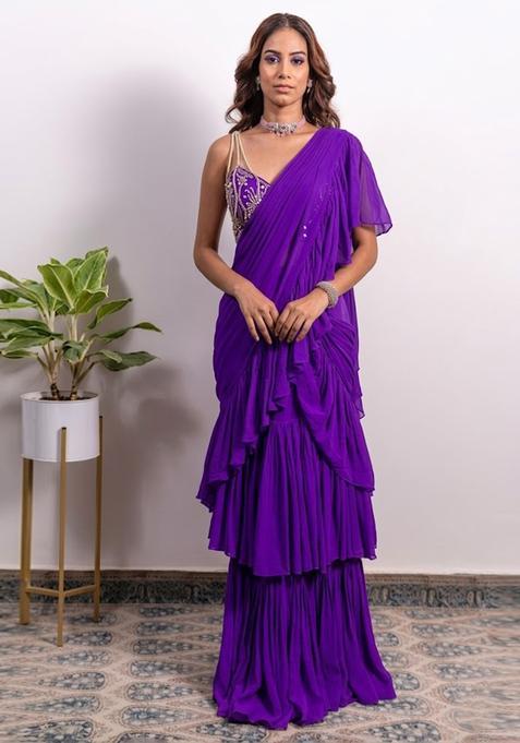 Purple Embroidered Handwork Pre Draped Saree Set