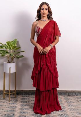 Red Embroidered Handwork Pre Draped Saree Set