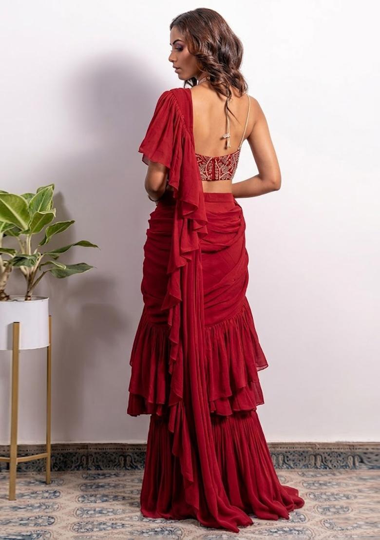 Red Embroidered Handwork Pre Draped Saree Set - Indya