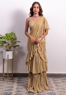 Yellow Embroidered Handwork Pre Draped Saree Set