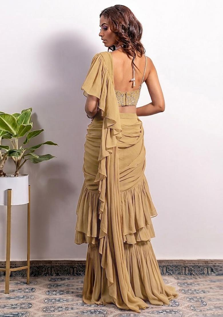Yellow Embroidered Handwork Pre Draped Saree Set - Indya