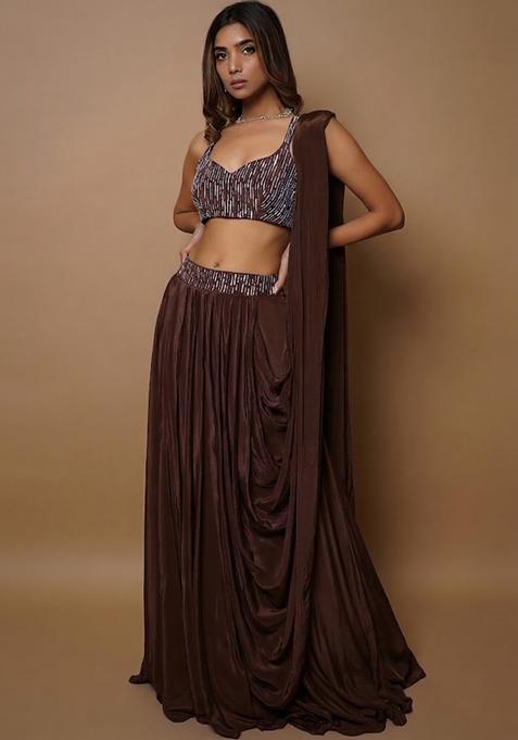 Brown Embroidered Handwork Lehenga Set