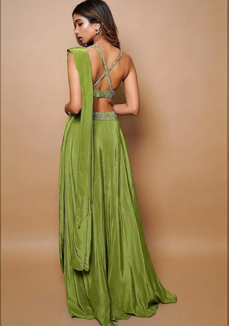 Green Embroidered Handwork Lehenga Set - Indya