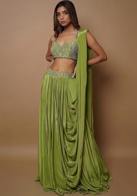 Green Embroidered Handwork Lehenga Set