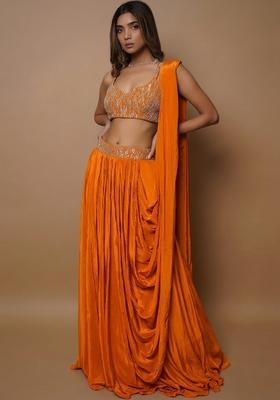 Orange Embroidered Handwork Lehenga Set