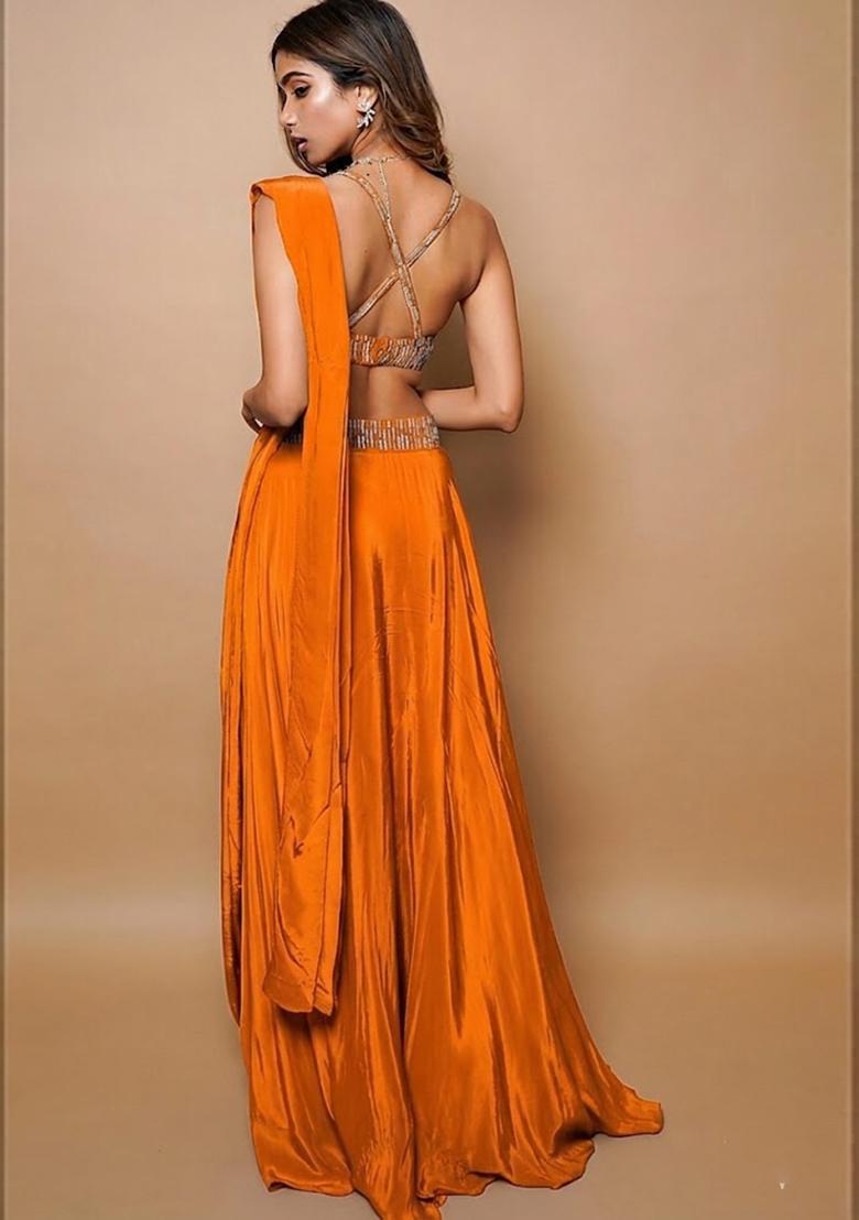 Orange Embroidered Handwork Lehenga Set - Indya