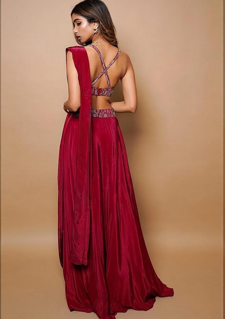 Red Embroidered Handwork Lehenga Set - Indya