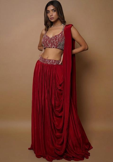Red Embroidered Handwork Lehenga Set — view on Indya