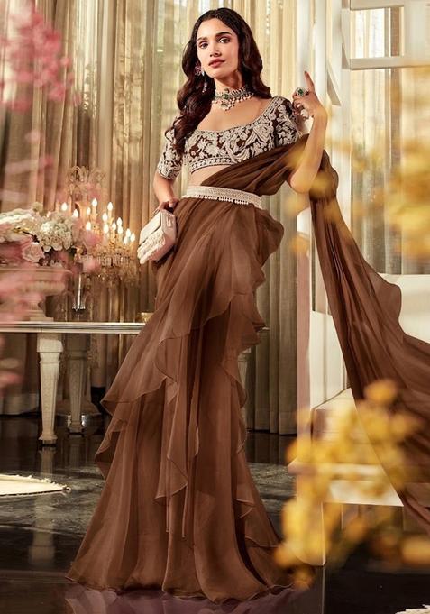 Brown Embroidered Handwork Pre Draped Saree Set