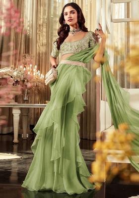 Green Embroidered Handwork Pre Draped Saree Set