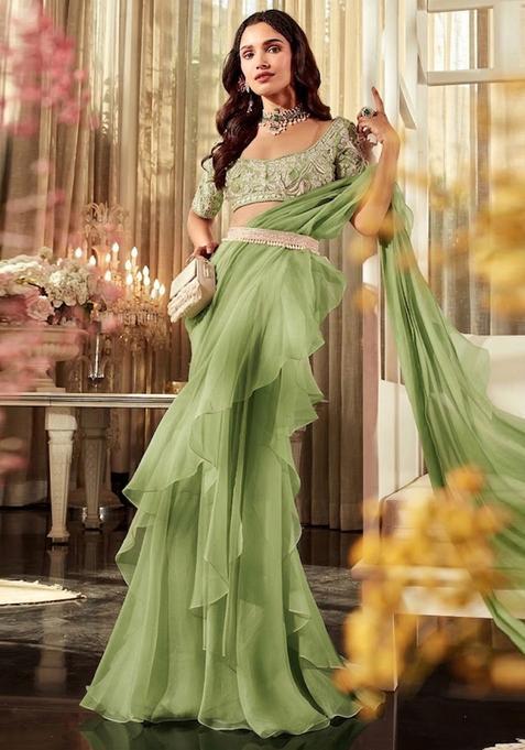 Green Embroidered Handwork Pre Draped Saree Set — view on Indya