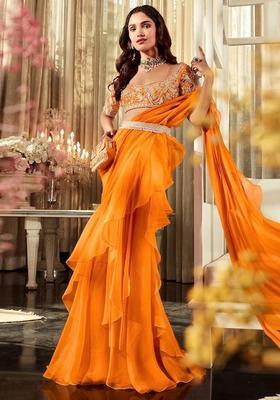 Orange Embroidered Handwork Pre Draped Saree Set