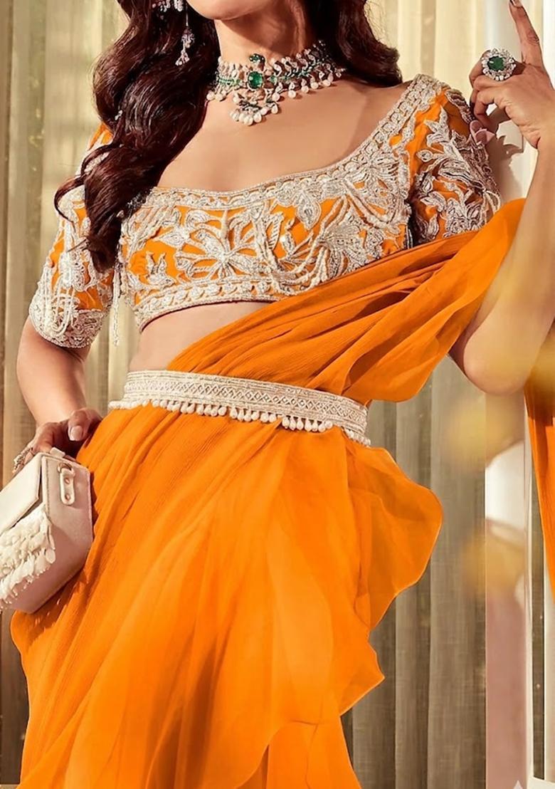 Orange Embroidered Handwork Pre Draped Saree Set - Indya