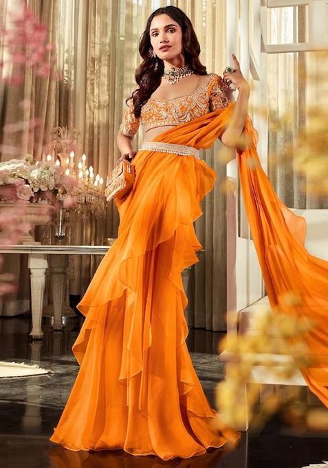 Orange Embroidered Handwork Pre Draped Saree Set