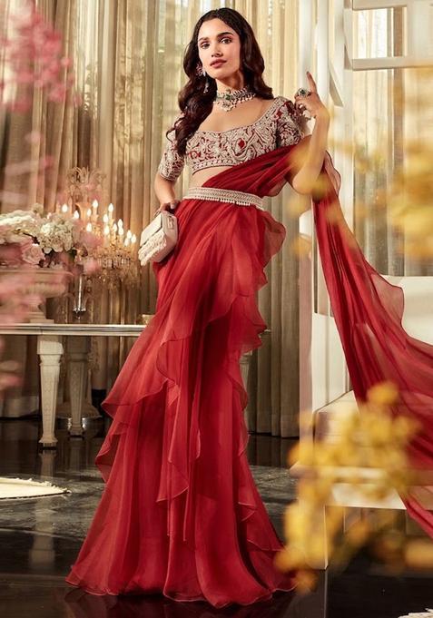 Red Embroidered Handwork Pre Draped Saree Set