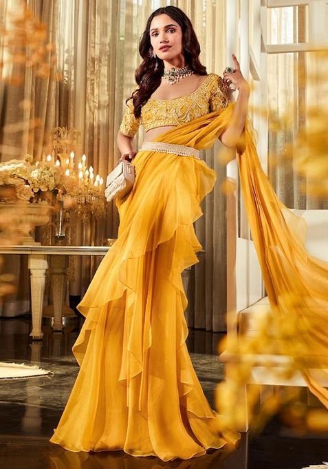 Yellow Embroidered Handwork Pre Draped Saree Set