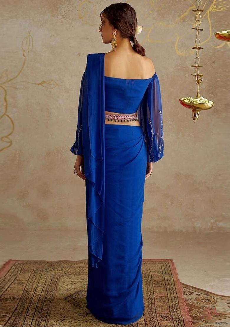 Blue Embroidered Handwork Pre Draped Saree Set - Indya