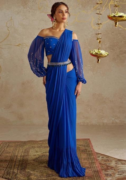 Blue Embroidered Handwork Pre Draped Saree Set