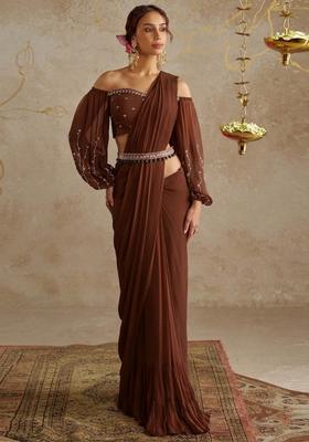 Brown Embroidered Handwork Pre Draped Saree Set