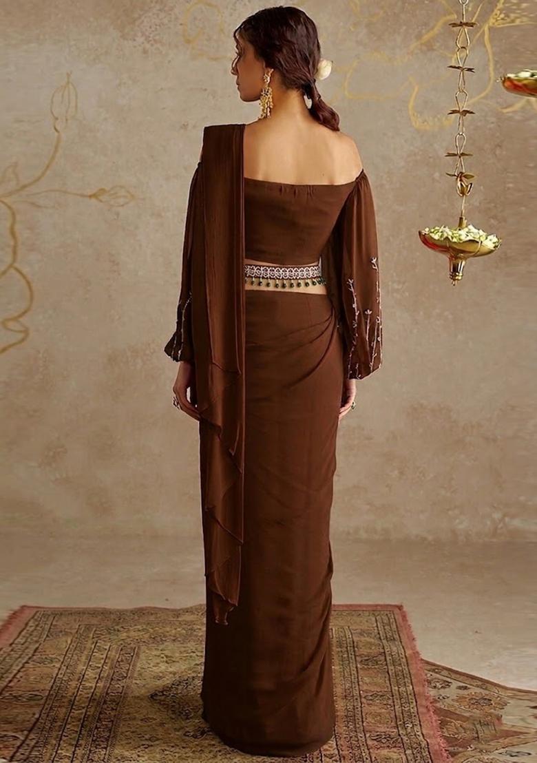 Brown Embroidered Handwork Pre Draped Saree Set - Indya