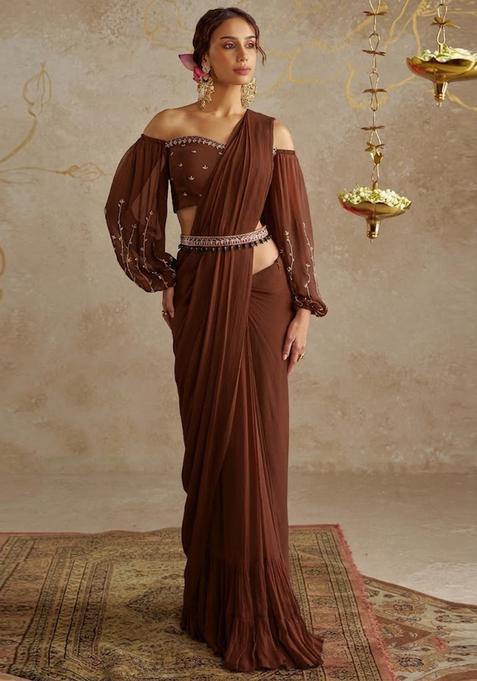 Brown Embroidered Handwork Pre Draped Saree Set