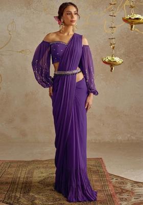 Lavender Embroidered Handwork Pre Draped Saree Set