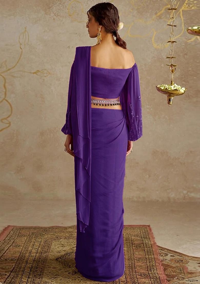 Lavender Embroidered Handwork Pre Draped Saree Set - Indya