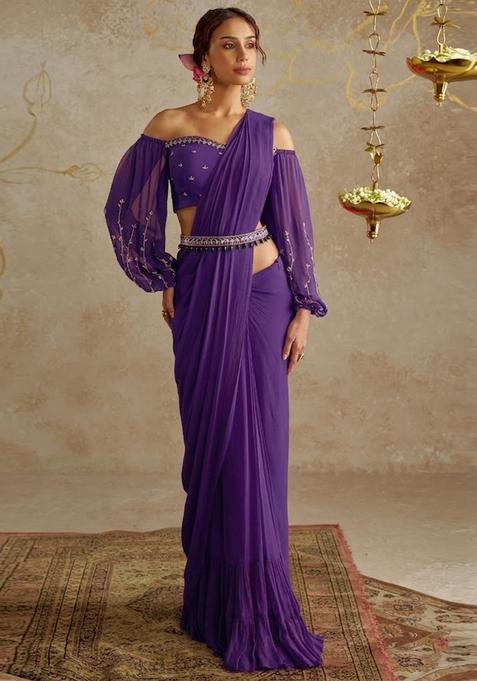 Lavender Embroidered Handwork Pre Draped Saree Set